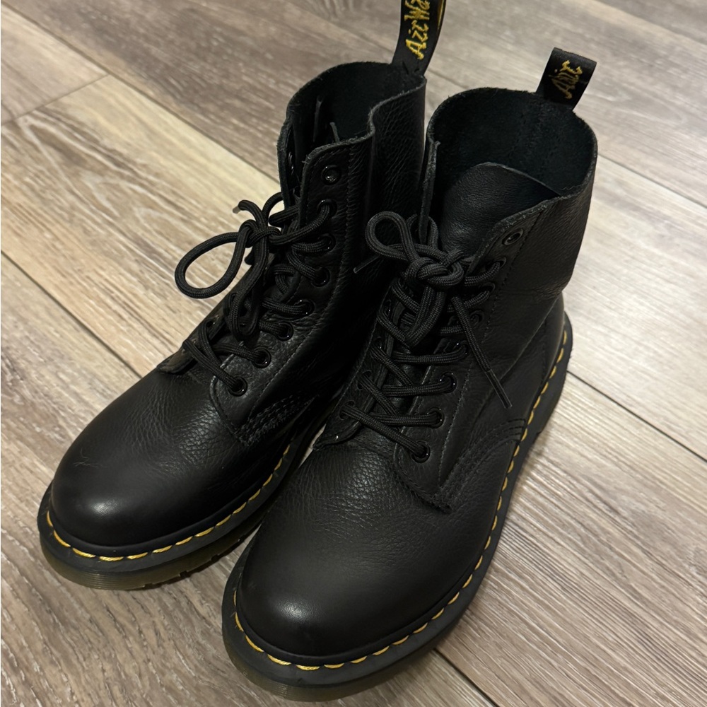 Dr. Martens Black Leather Lace-Up Boots with Yellow Stitching Detail